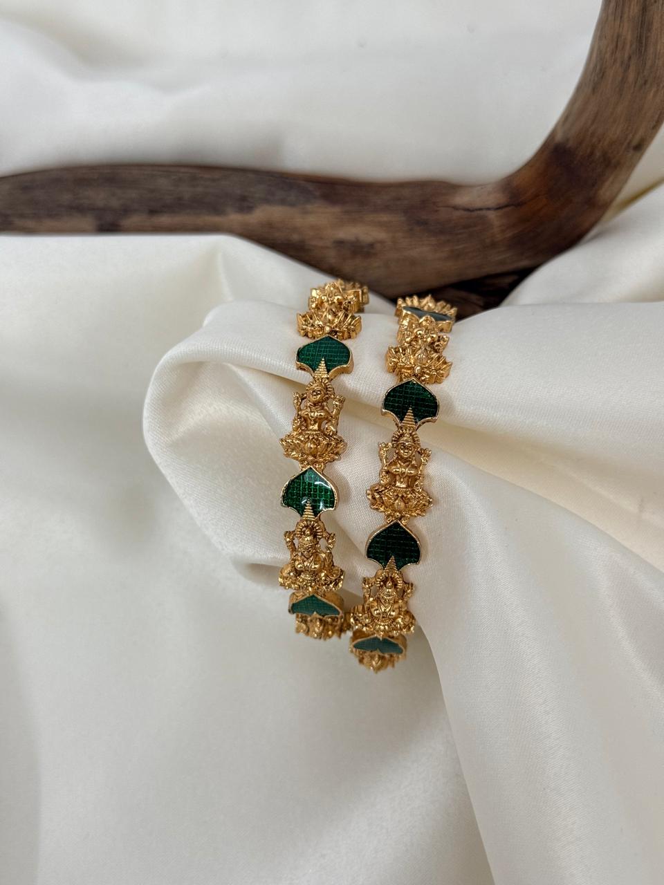 Lakshmi Motif With Green Palakka Gold Bangles