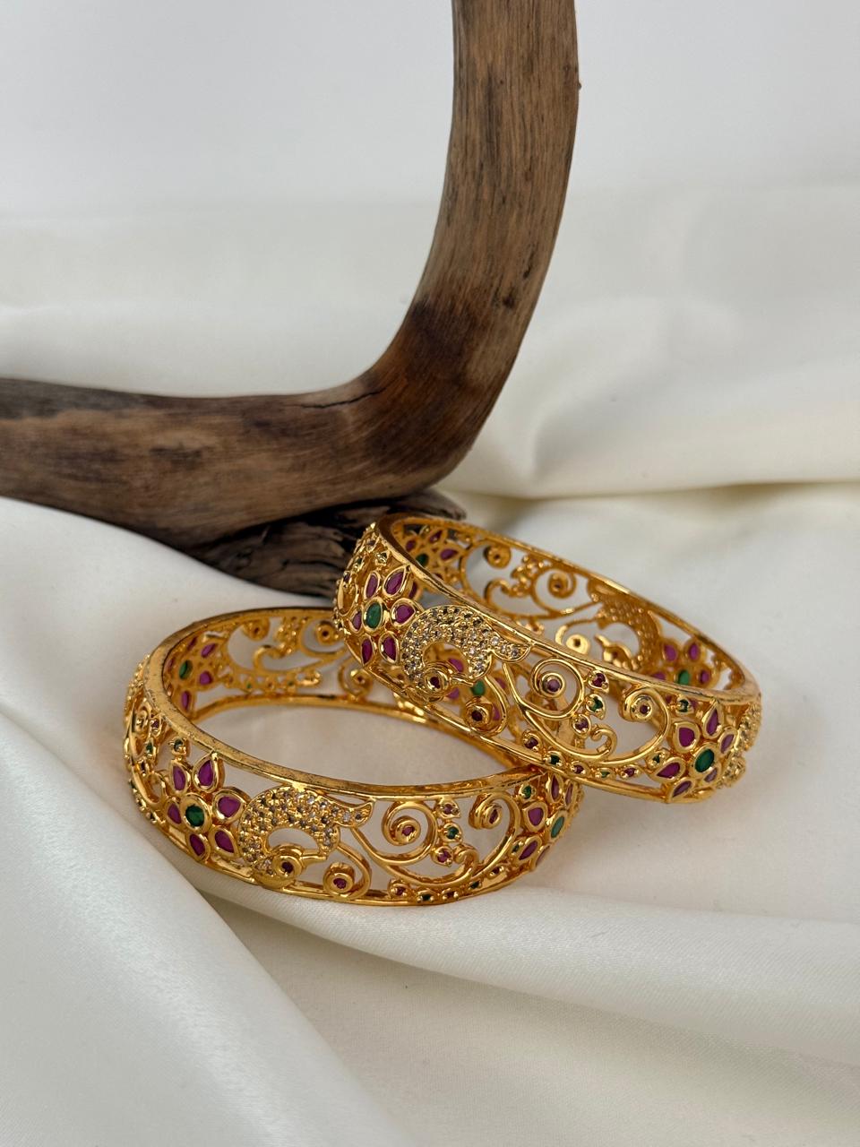 Peacock And Flower Designer Set Single Gold Bangles