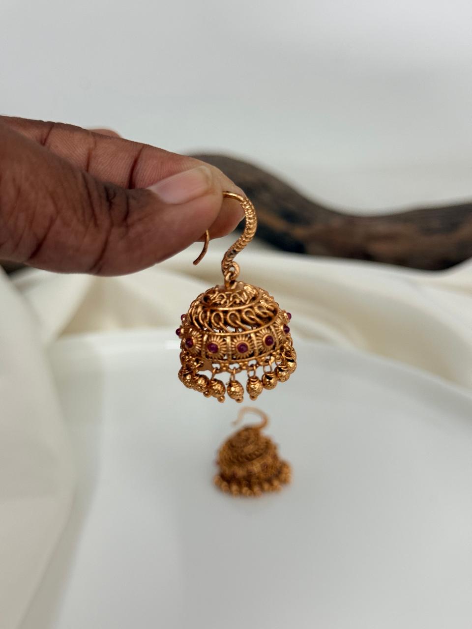 Pink Stone Small Hook Gold Jhumka