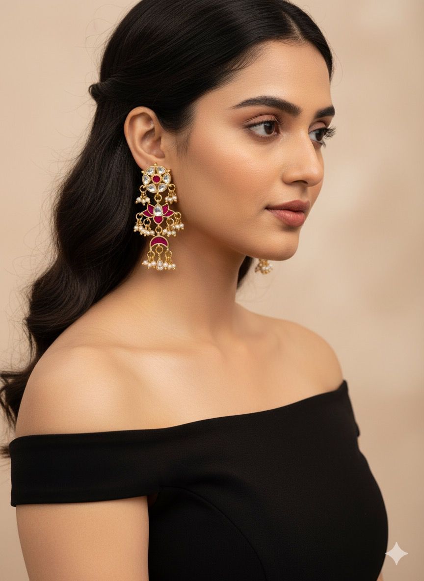 Jadau Kundan Multiple Pendant Earrings With White Polki Drops