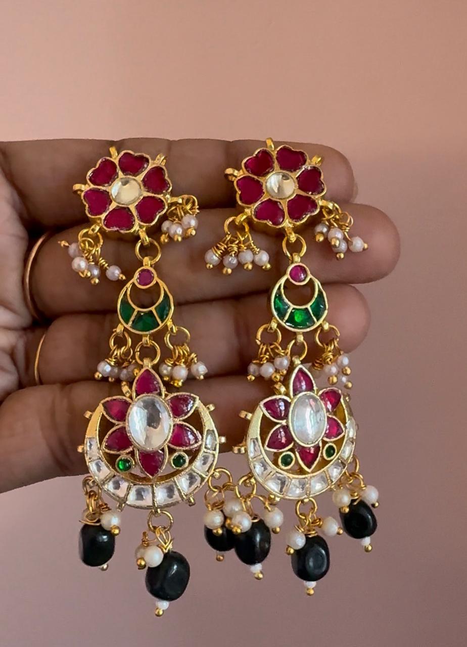 Jadau Kundan Multiple Pendants Earrings With Green Beads Drops Earrings