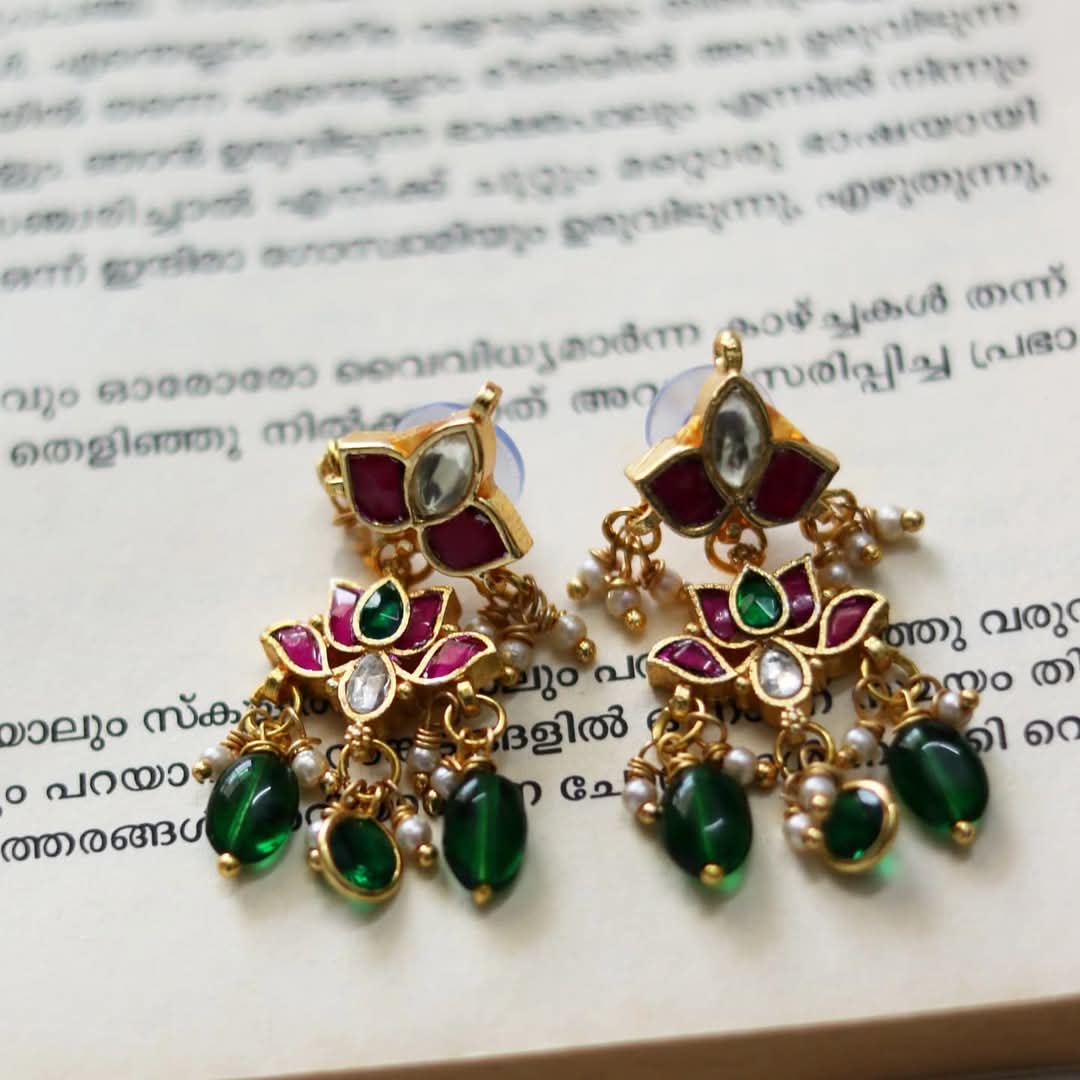 Jadau Kundan Multiple Pendants Earrings With Green Polki-Beads Drops