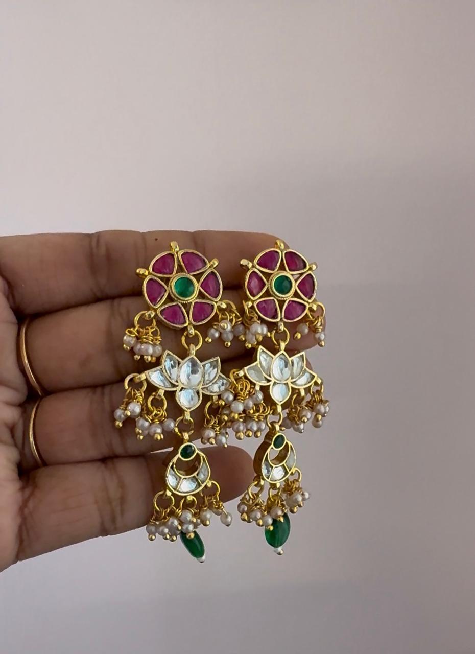 Jadau Kundan Multiple Pendant Earrings With Green Bead Drops