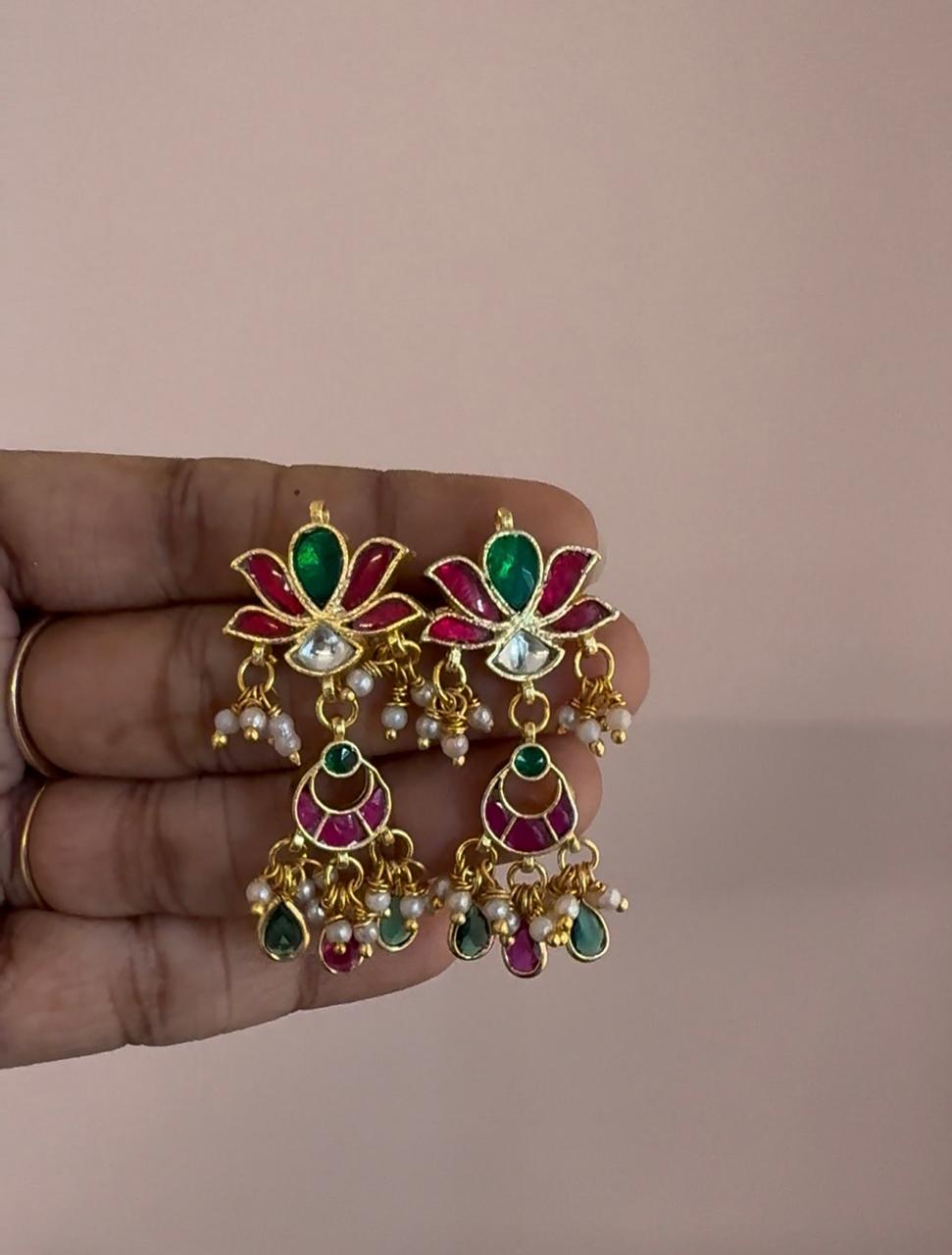Jadau Kundan Lotus Stud With Pendant Drops Earrings
