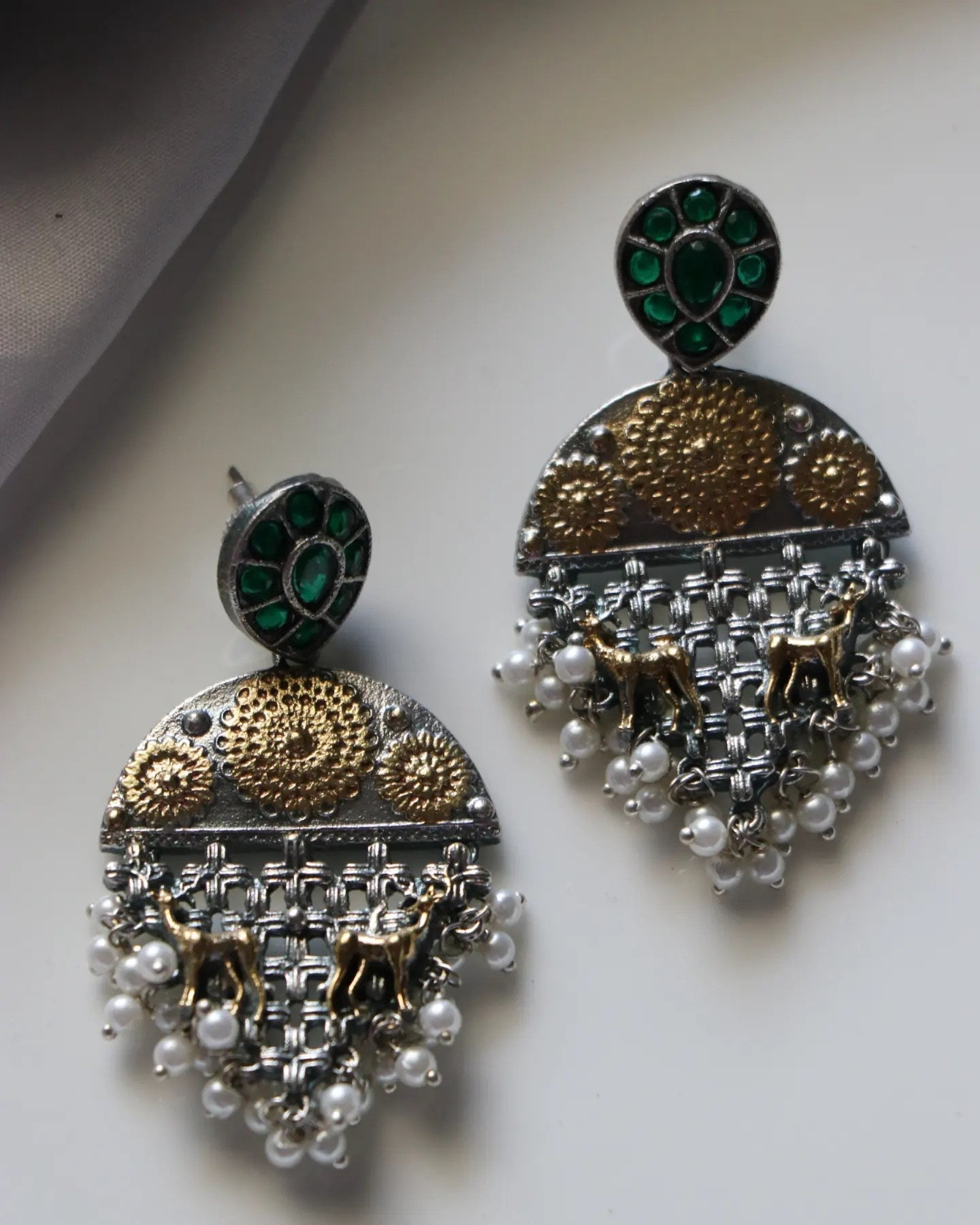 Silver LookalikeDual Tone Green Stud Danglers