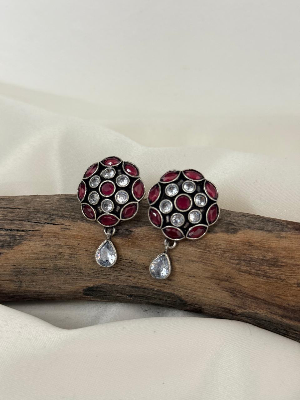 Silver LookalikeMaroon And White Stud Danglers