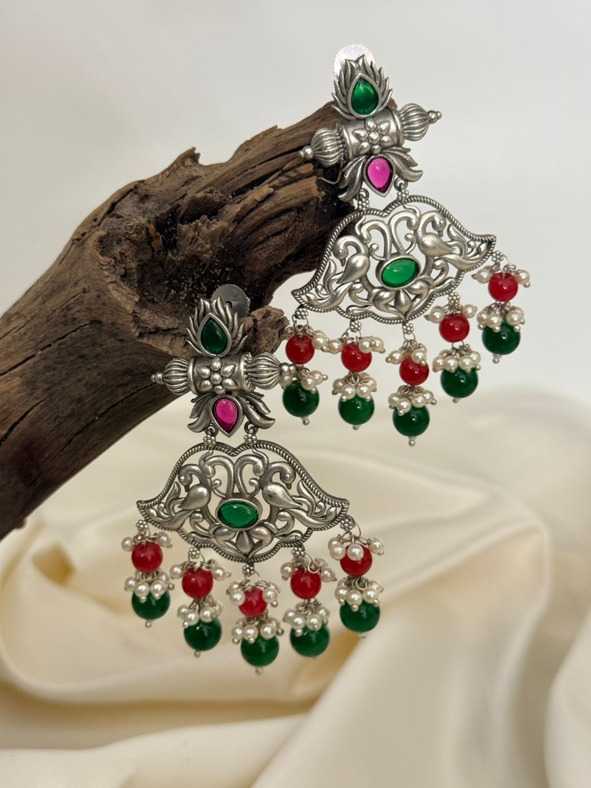 Silver Lookalike Multicolor Peacock With Red And Green Beads Danglers