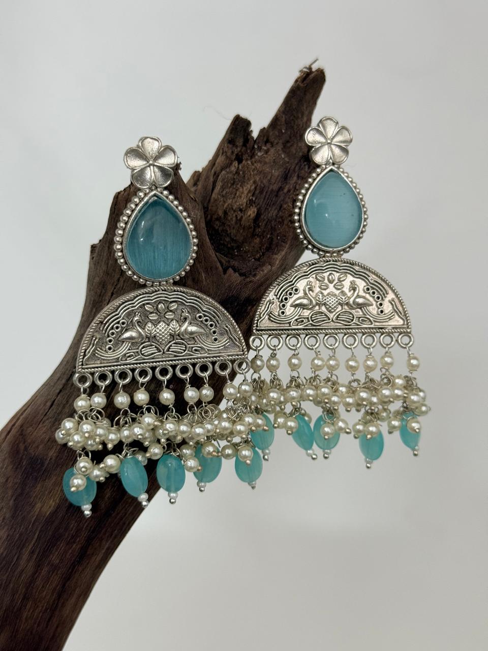 Silver Lookalike Pastal Blue Stone With Gungroos And Pastal Blue Beads Danglers