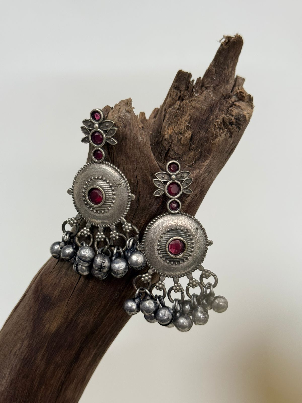 Silver Lookalike Red Stone Flower Motif Danglers