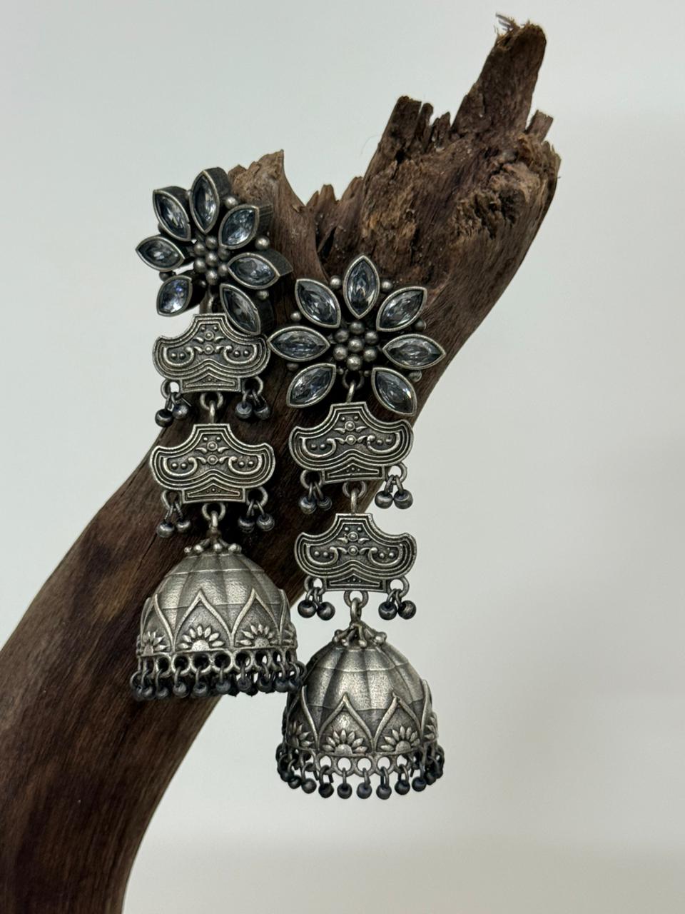 Silver Lookalike White Stone Flower Stud Jhumka