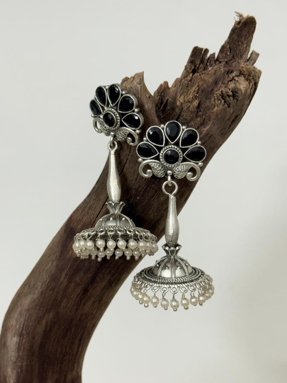 Silver Lookalike Black Enamelled Jhumka