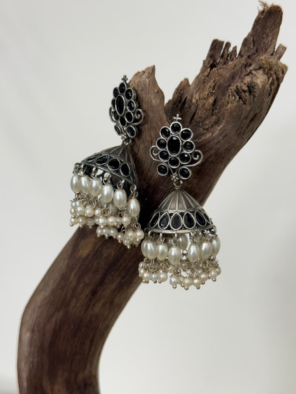 Silver Lookalike Rice Pearl Drops Black Enamelled Jhumka