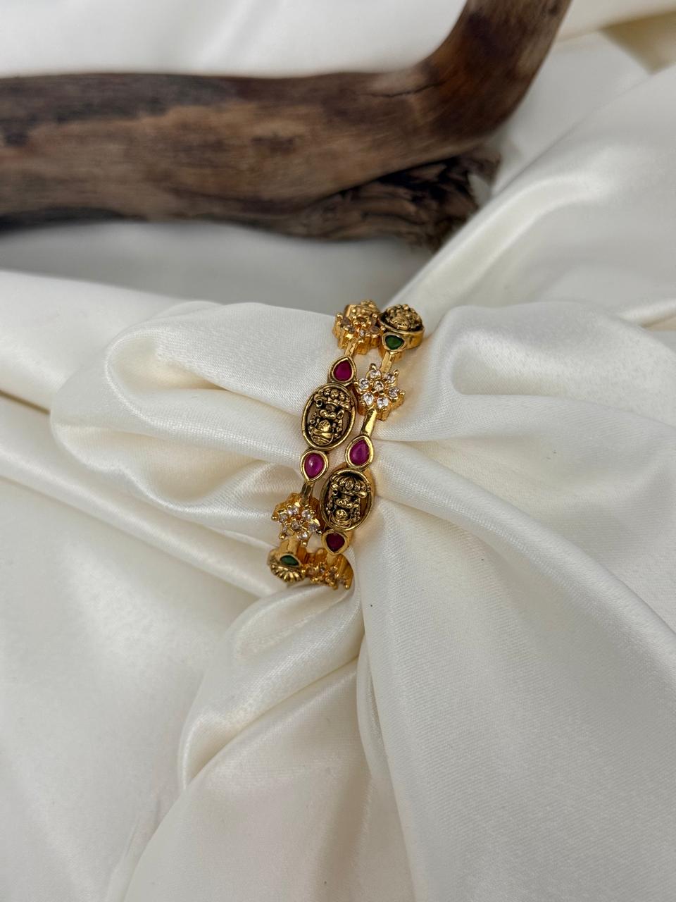 Lakshmi Motif With White Flower And Multi Stones Kids Bangles