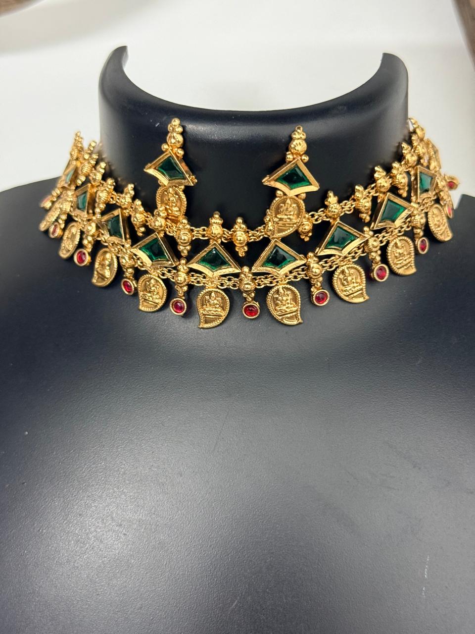 Green With Mango Lakshmi Coin Choker With Earrings