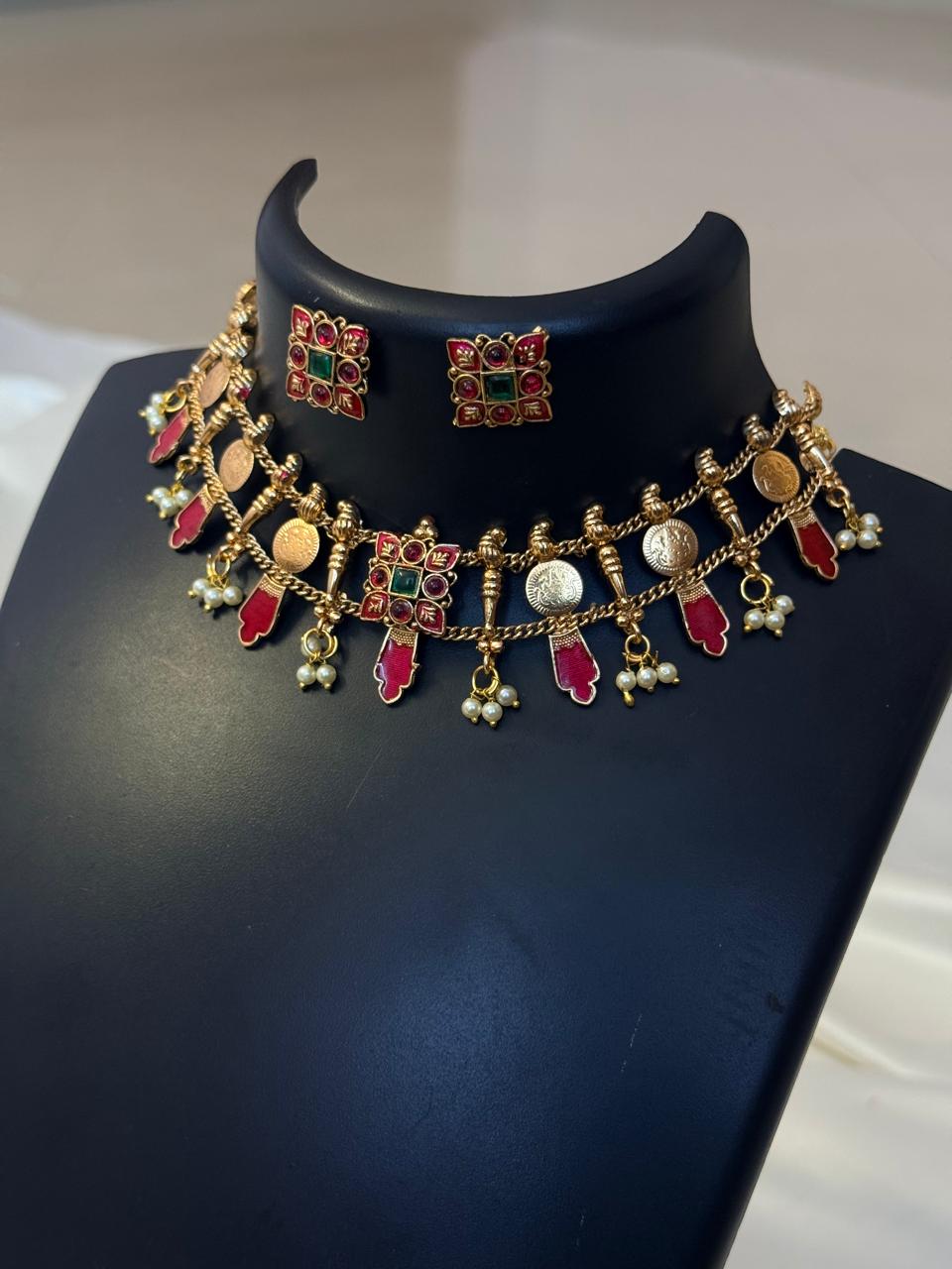 Multicolor Flower And Coin Choker Choker With Earrings