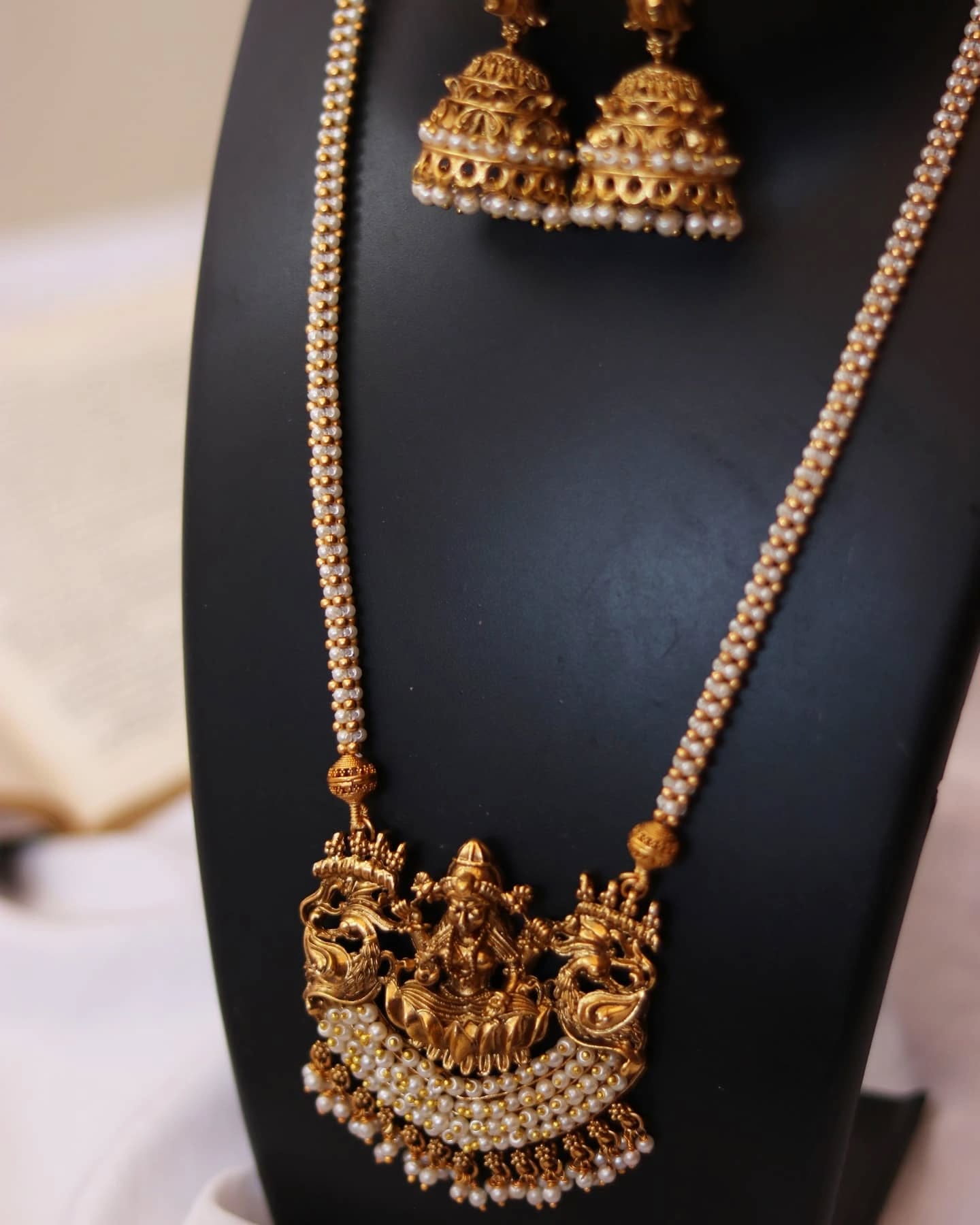 Lakshmi Pendant In Pearl Chain Haaram With Earrings
