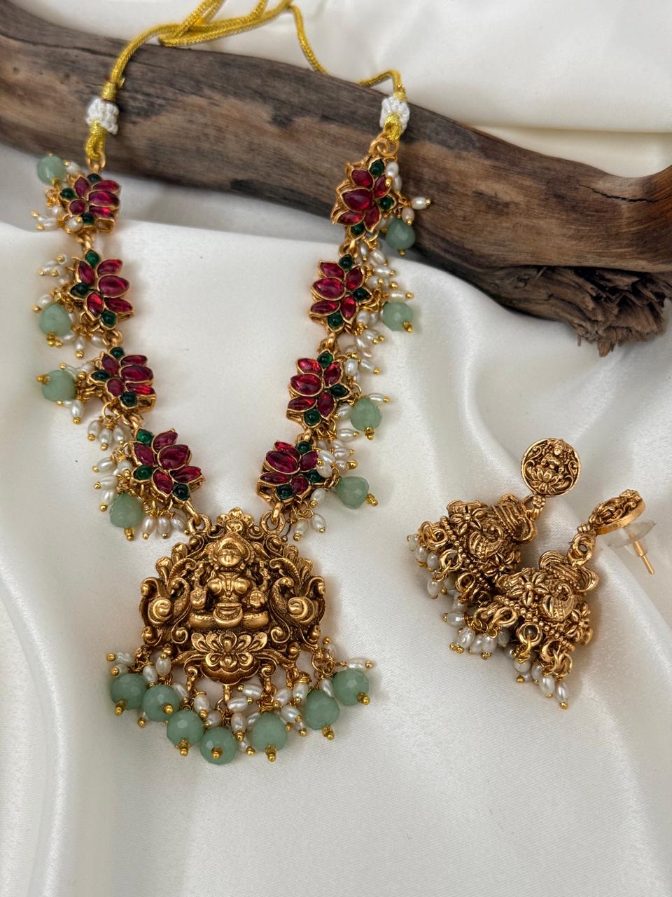 Lotus With Lakshmi Pendant Necklace With Earrings