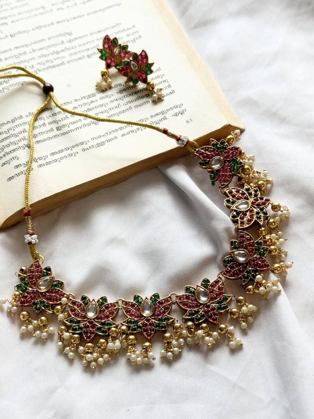 Multicolor Jumbo Lotus With Gungroo Necklace With Earrings