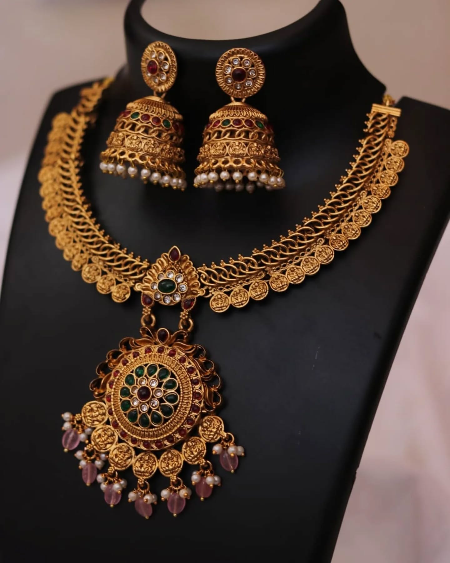 Heavy Pink Bead Drops Necklace With Earrings