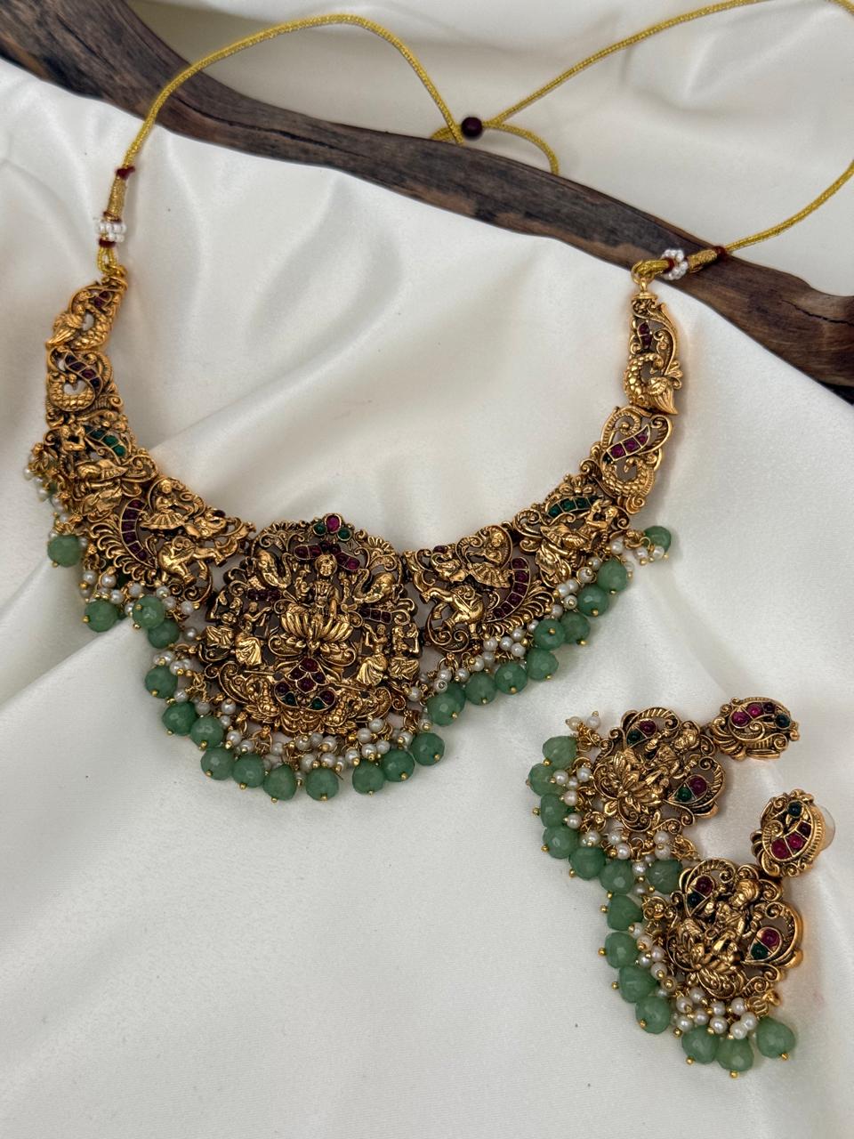 Heavy Lakshmi Pastal Green Drops Necklace With Earrings