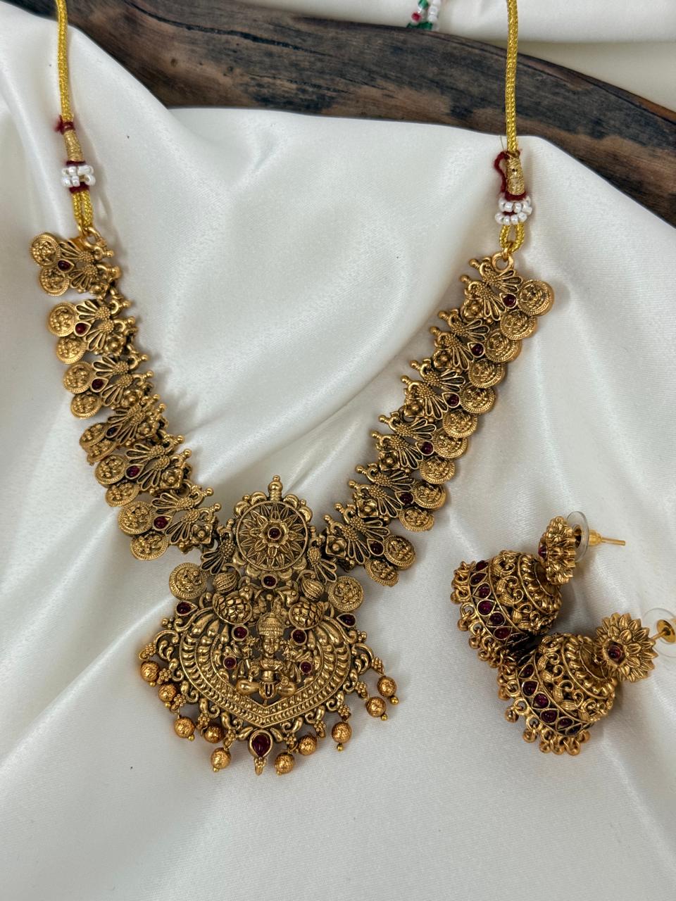 Lakshmi Pendant With Flower Chain Necklace With Earrings