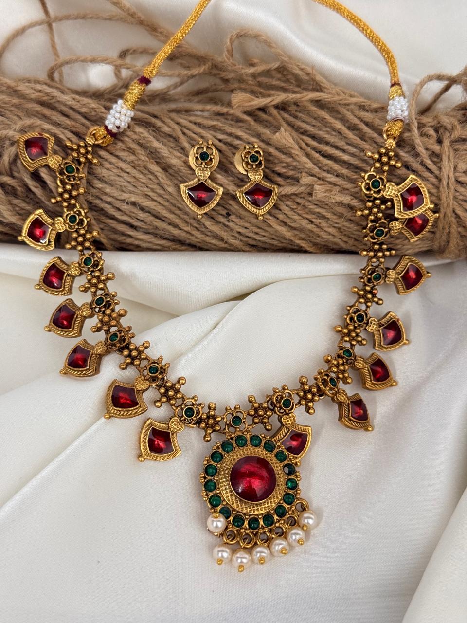 Red Palakka Necklace With Earrings