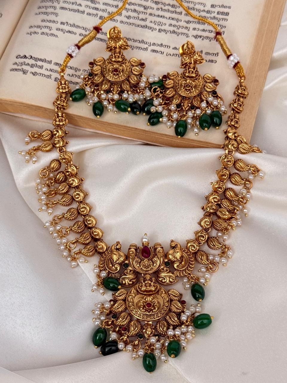 Multicolor Lakshmi And Peacock Motif With Green Beads Necklace With Earrings