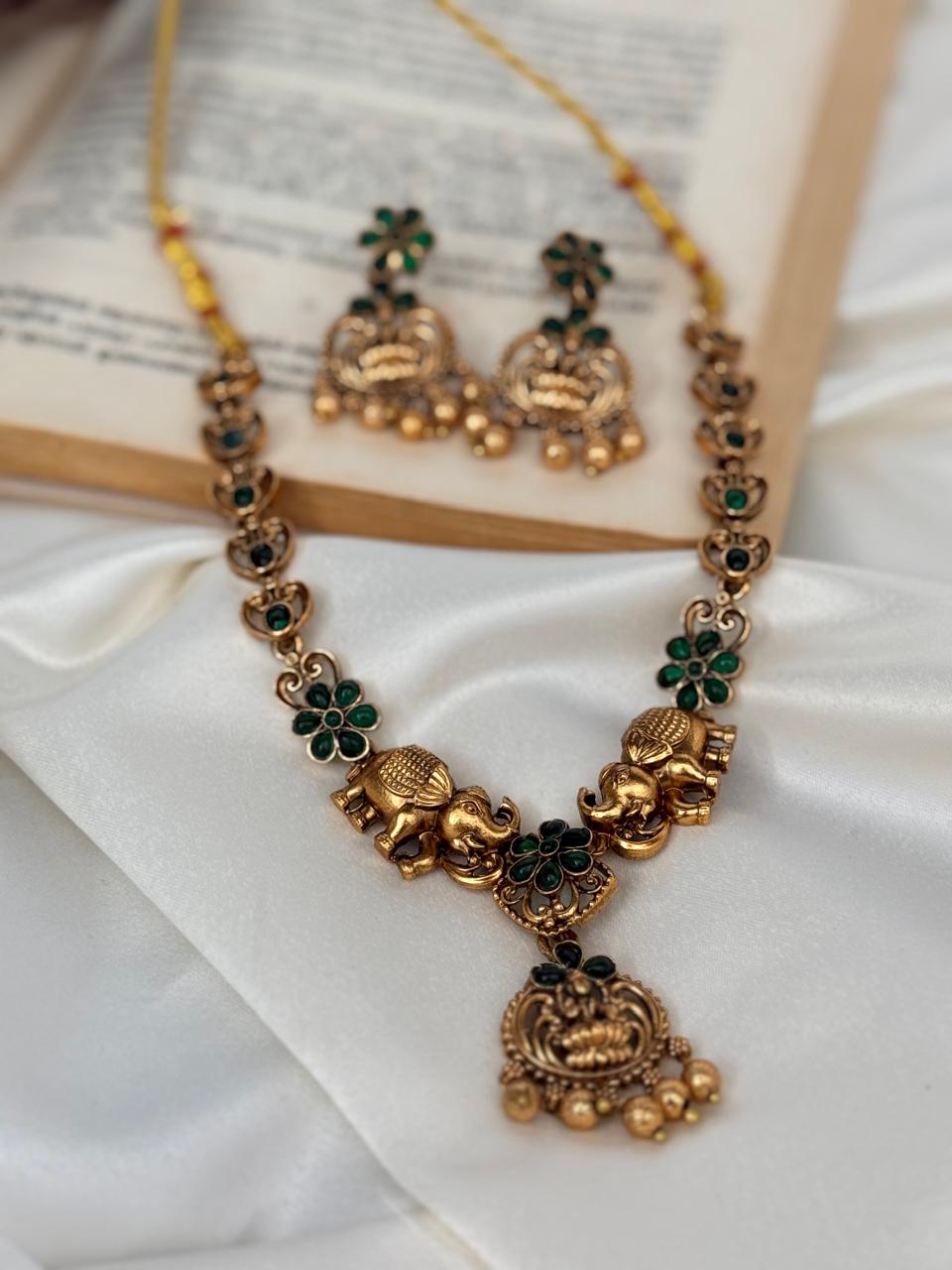 Emerald Flower Lakshmi And Elephant Motifs Necklace With Earrings
