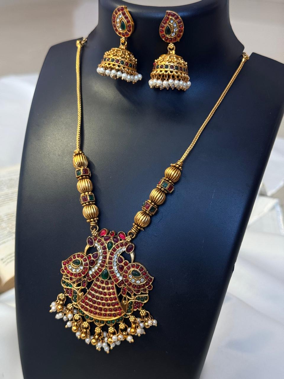 Kemp Multicolor Peacock And Nakshi Beads Necklace With Earrings