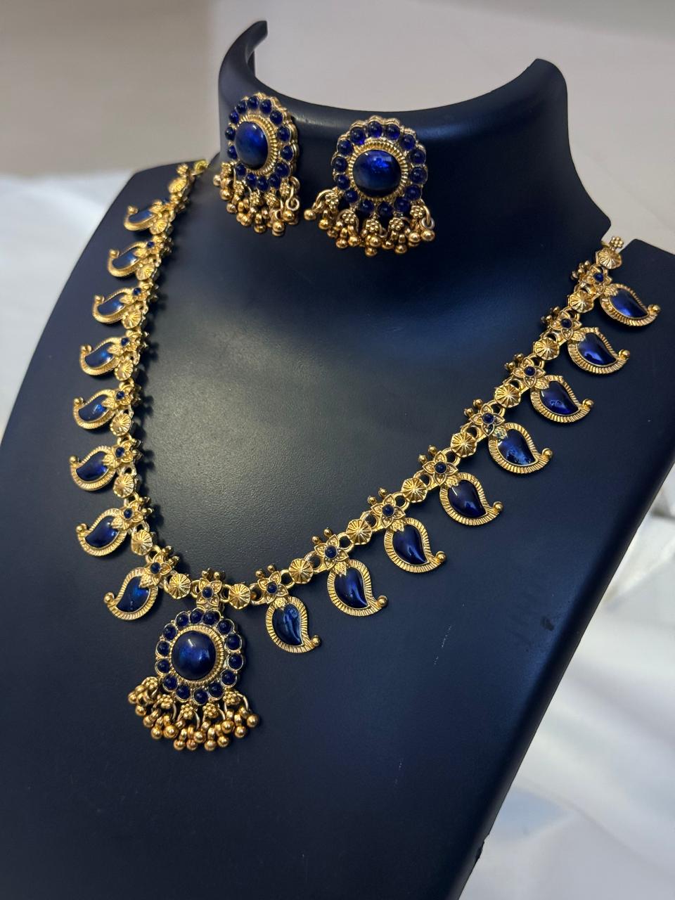 Blue Enamelled Mango Necklace With Earrings