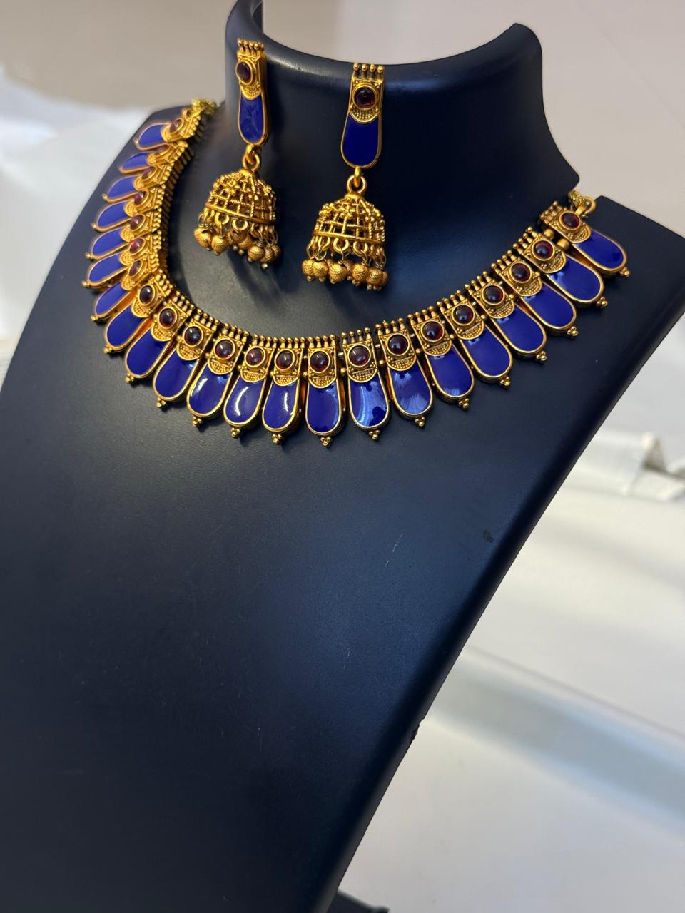 Blue Enamelled Nagapadam Necklace With Earrings