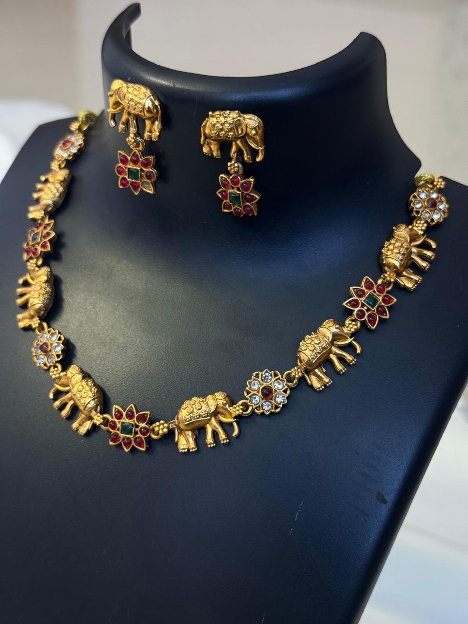 Multicolor Flower And Elephant Motif Necklace With Earrings