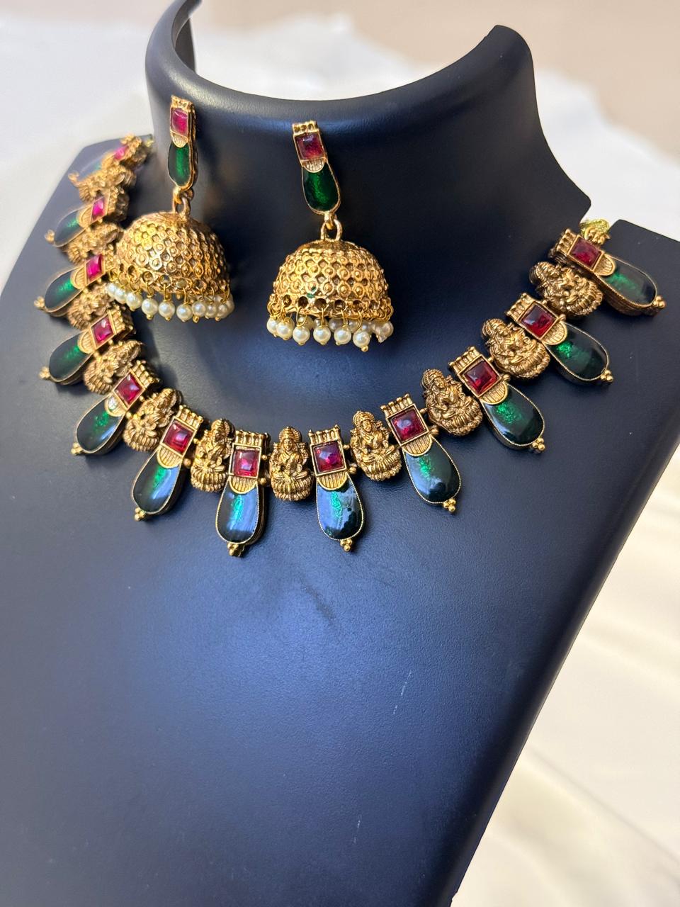Green Enamelled Nagapadam With Lakshmi Necklace With Earrings