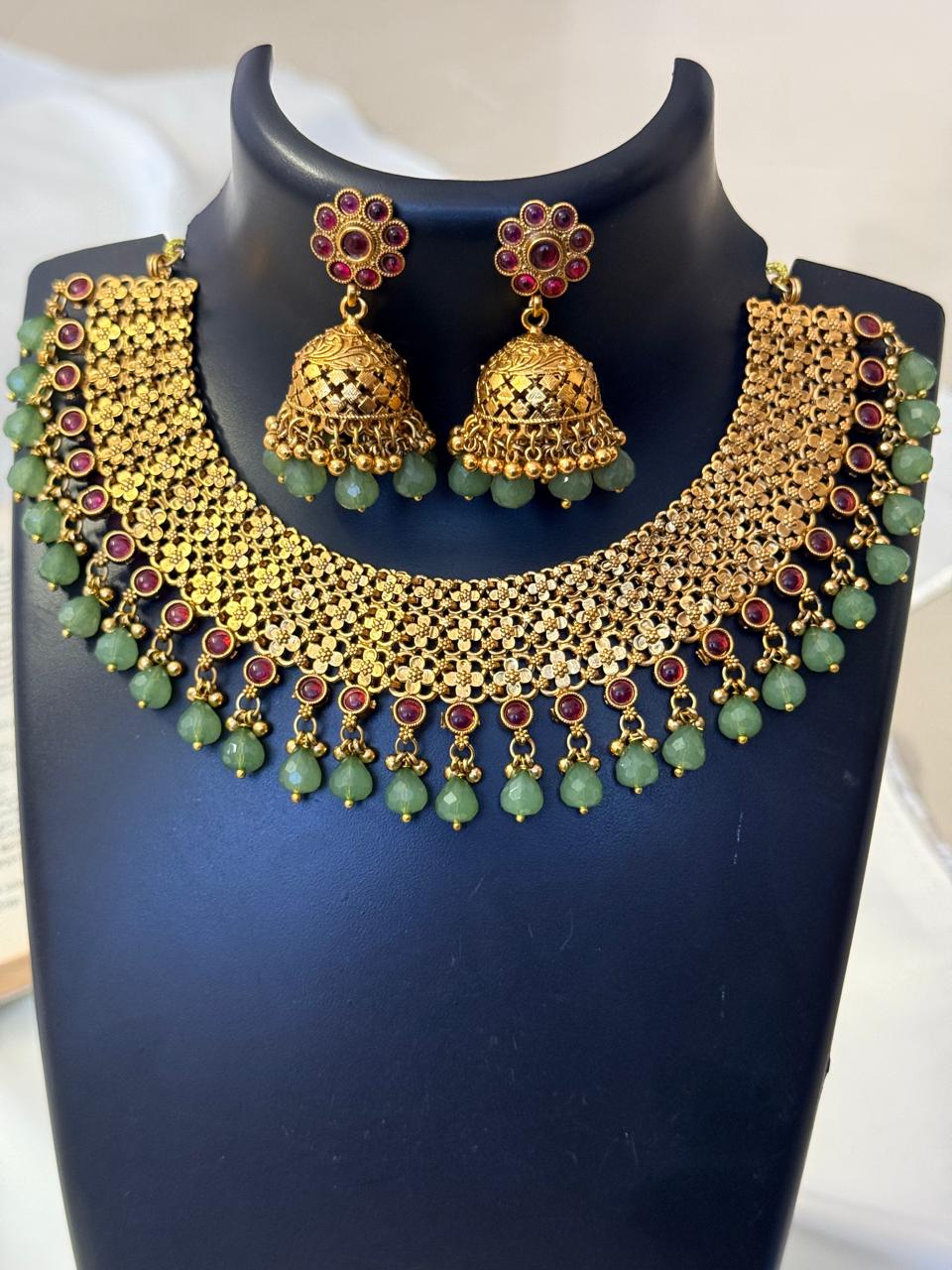 Net Flower Motif With Ruby And Mint Beads Hangings Necklace With Earrings