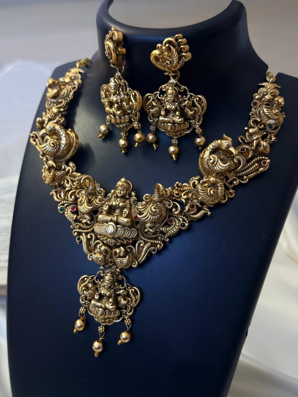 3D Peacock And Lakshmi Intricate Design Necklace With Earrings