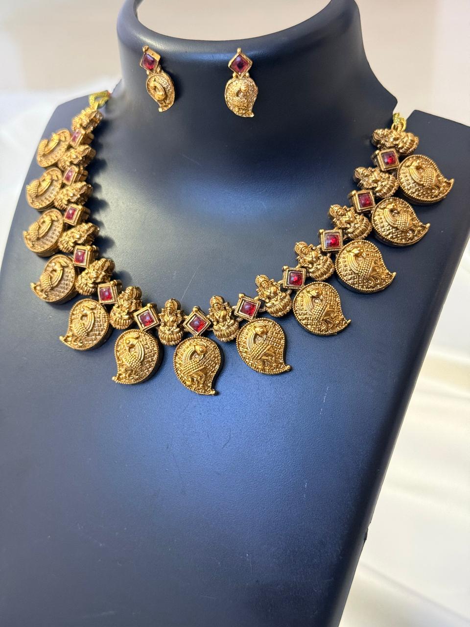 Lakshmi And Peacock Motif In Mango Design (Red) Necklace With Earrings