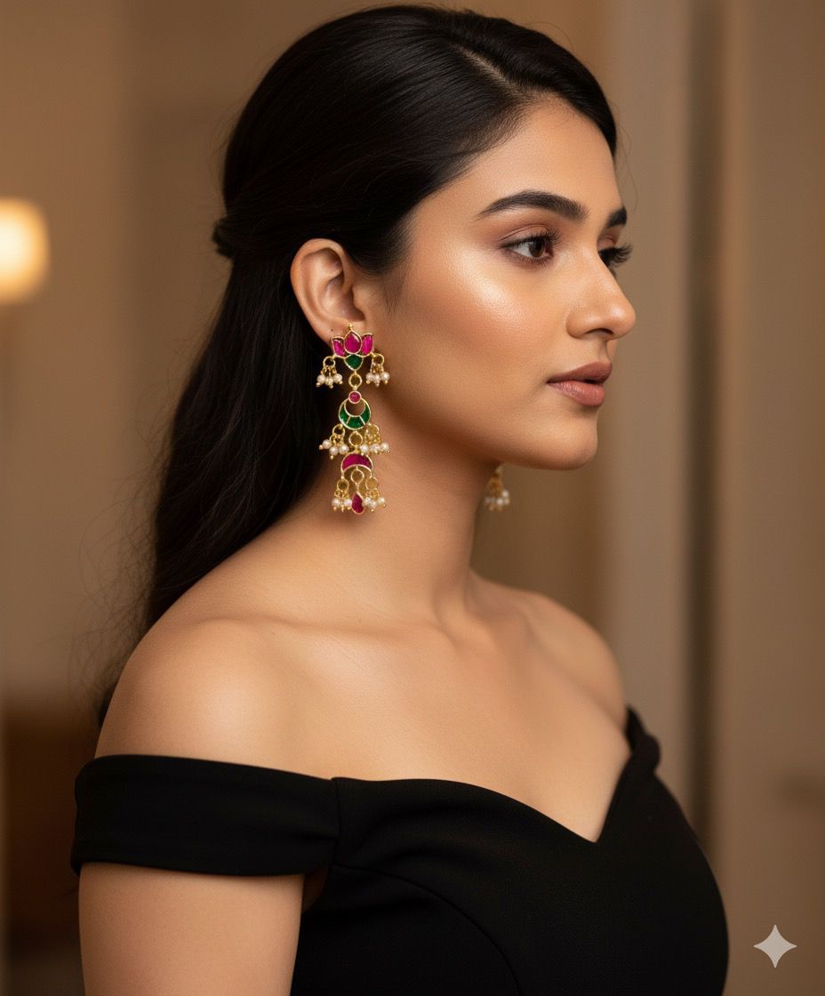 Jadau Kundan Multiple Pendant Earrings With Pink Polki Drops
