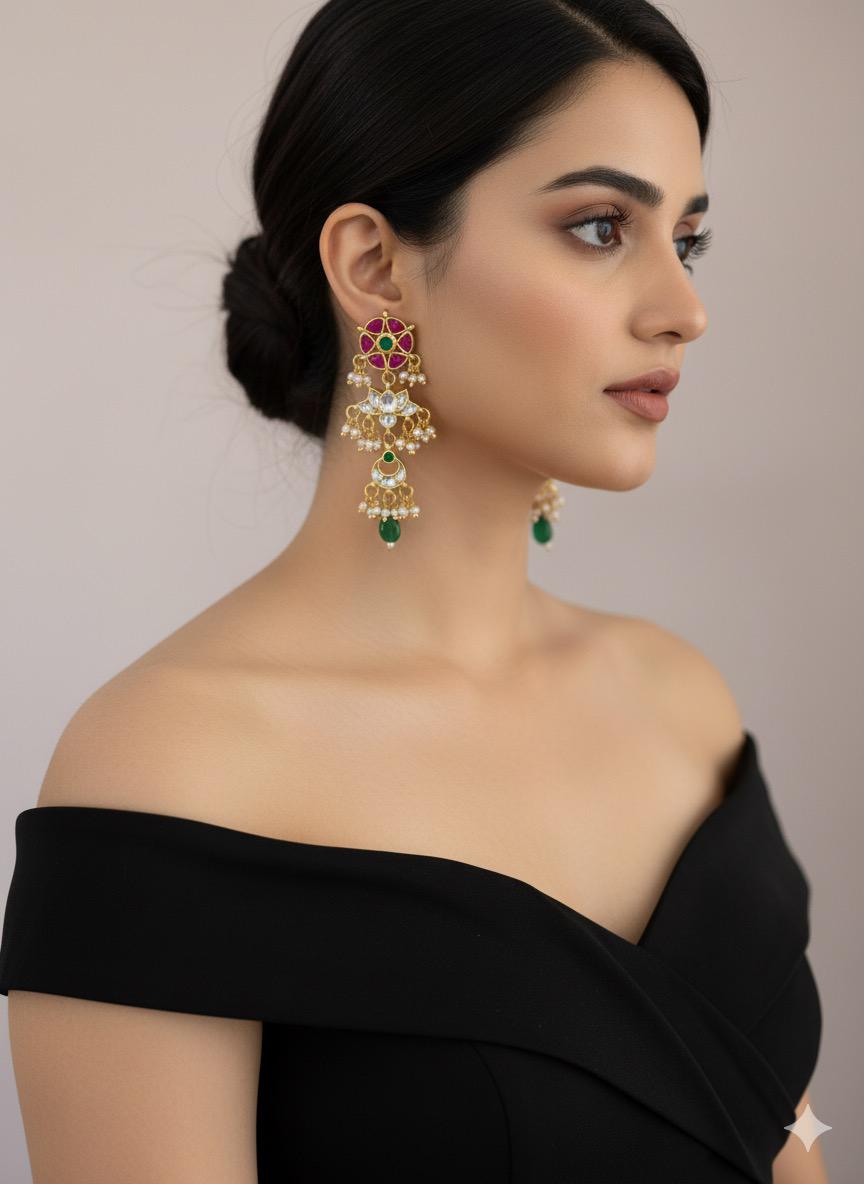Jadau Kundan Multiple Pendant Earrings With Green Bead Drops