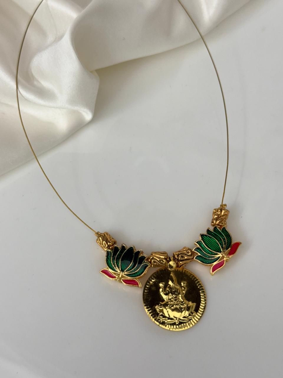 Green Enamelled Lotus With Lakshmi Big Coin Handmade Necklace With Earrings