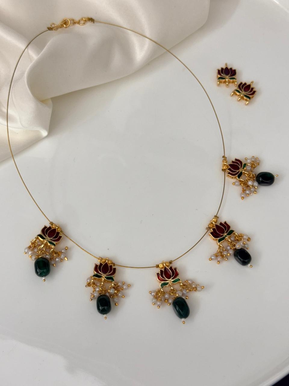 Red Enamelled Lotus With Green Jade Beads Necklace With Earrings