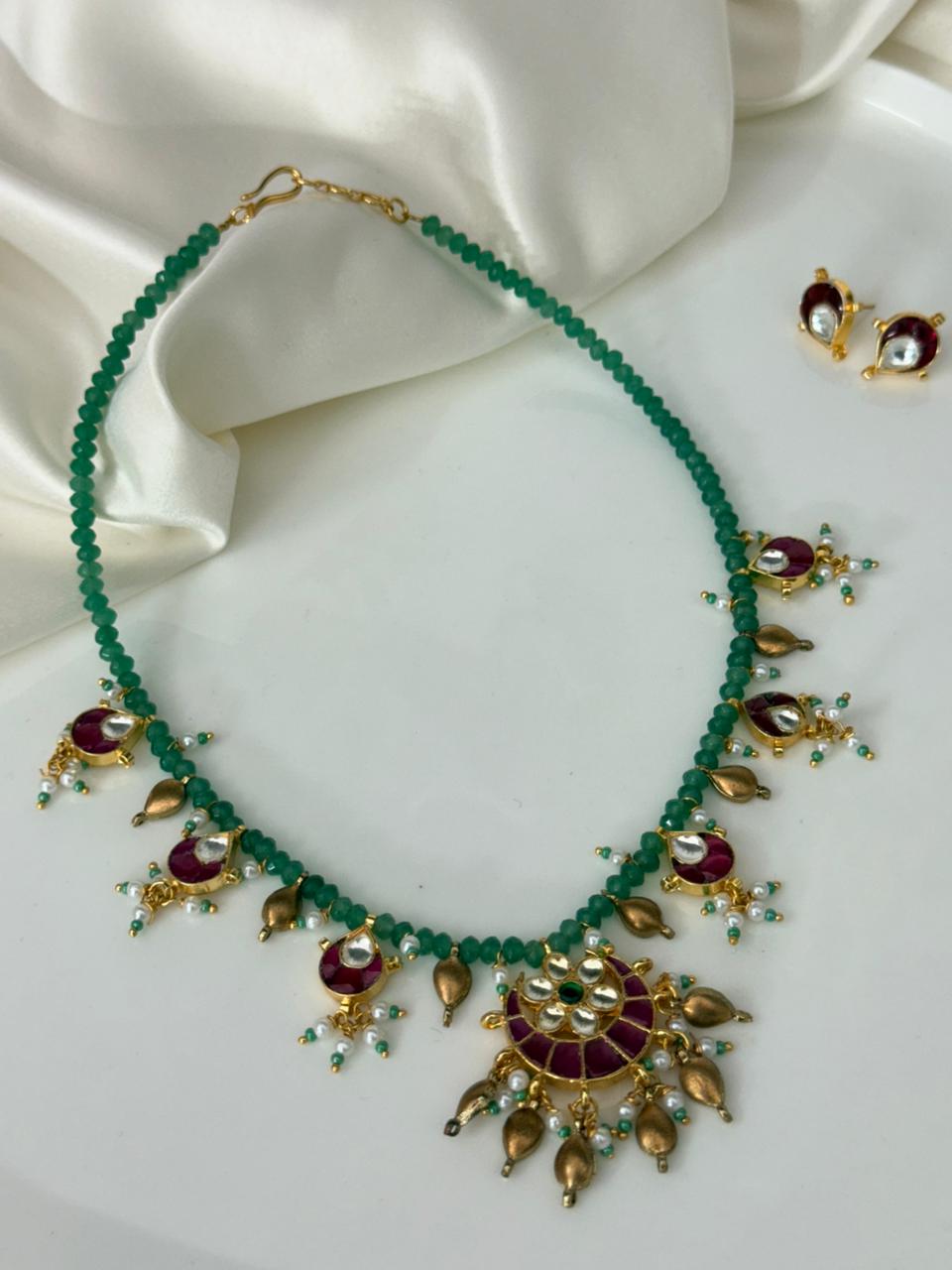 Jadau Kundan Multiple Pendants With Drop Charms In Mint Beads Chain Handmade Neckalace With Earrings