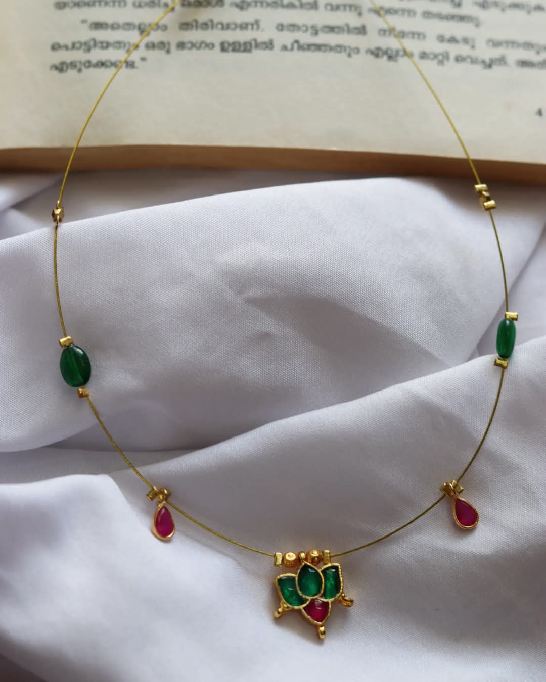 Jadau Kundan Lotus Pendant With Beads And Polki Drops Handmade Necklace