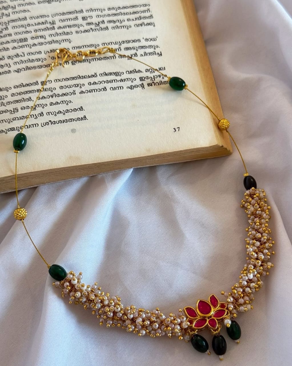 Red Lotus Pendant With Ghungroo Bunch Handmade Necklace With Earrings