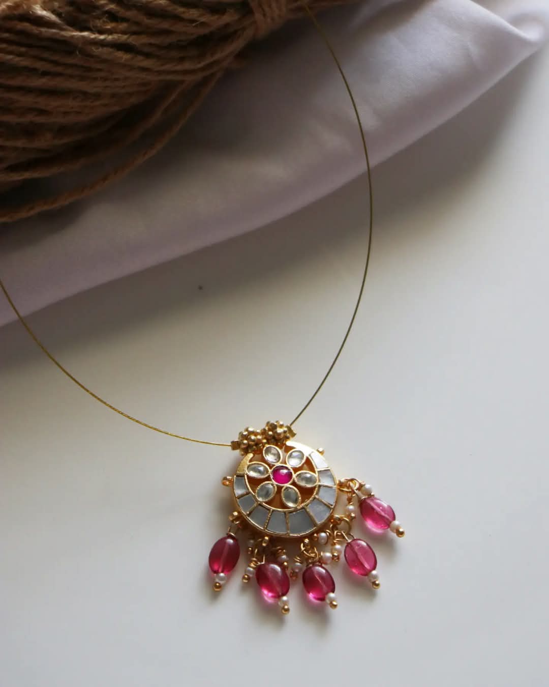 Jadau Kundan Flower Pendant With Pink Beads Drops Handmade Necklace