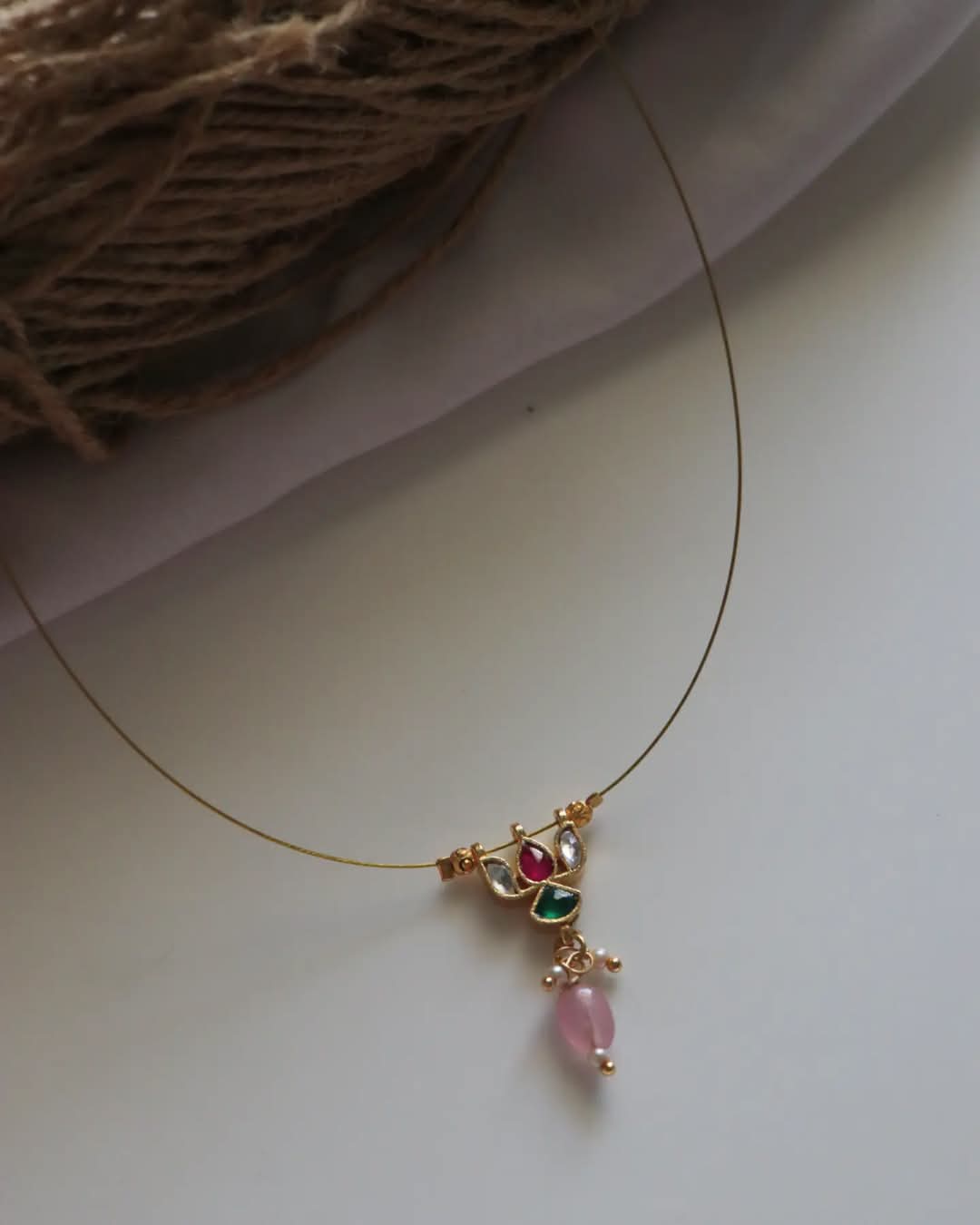 Jadau Kundan Lotus Pendant With Bead Drop Handmade Necklace