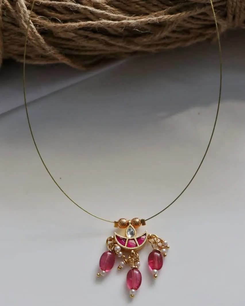 Jadau Kundan Pendant With Pink Bead Drops Handmade Necklace