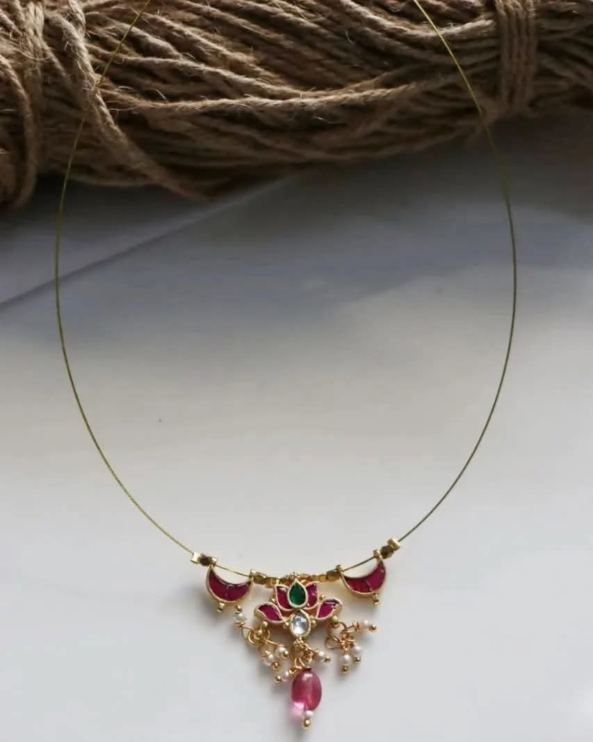 Jadau Kundan Lotus Pendants With Moon Charms Handmade Necklace