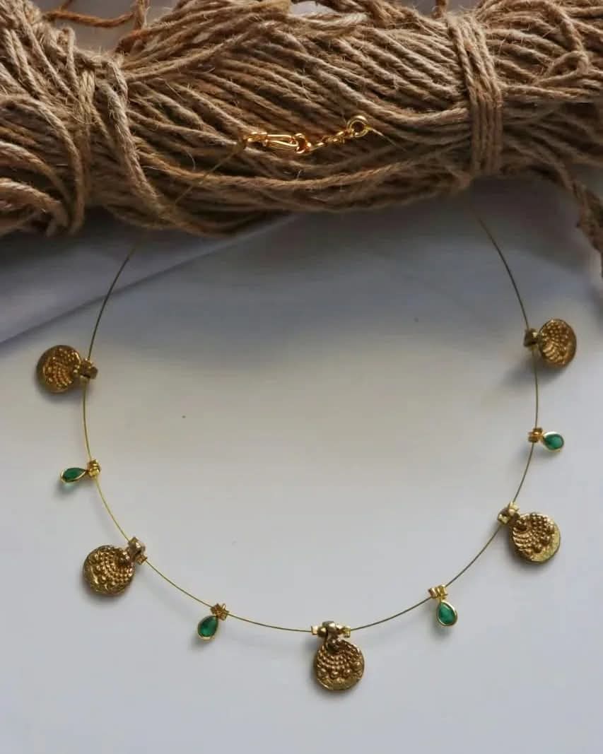 Brass Charms With Green Polki Drops Handmade Necklace