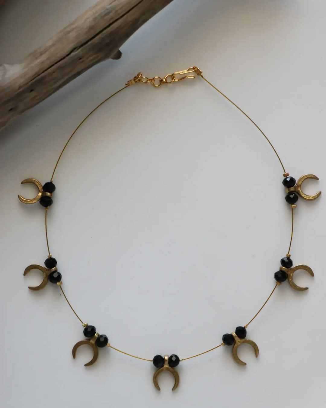 Inverted Moon Brass Pendants With Black Beads Handmade Necklace
