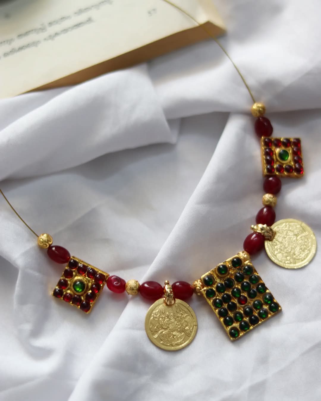 Square Kemp Pendant With Impon Lakshmi Coins, Kemp Charms And Jade Stones Handmade Necklace